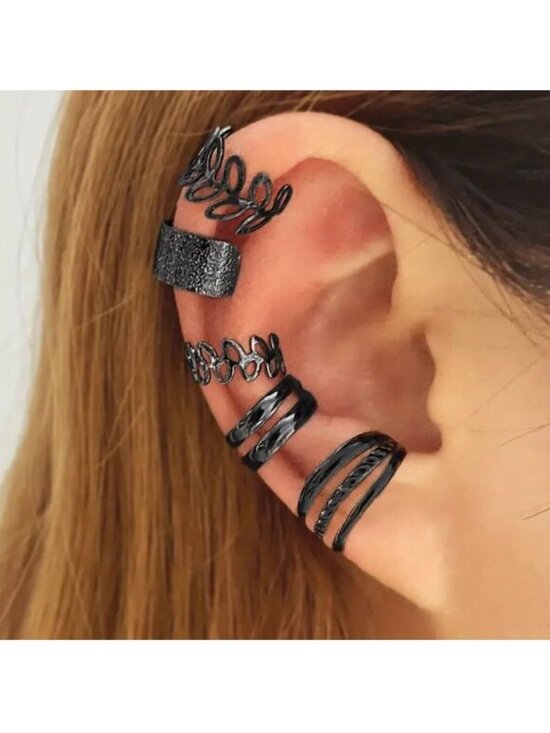 Ear Cuffs Bands Rings Jewelry - Ear Cuff Bands Clips Rings 5pc Black Adjustable Beach Vacation Boho Edgy Trendy